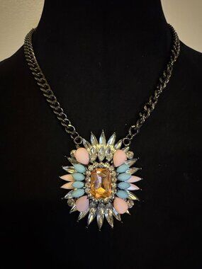Pastel Crystal Statement Necklace (Blush & Blue Rhinestone Pendant Necklace)